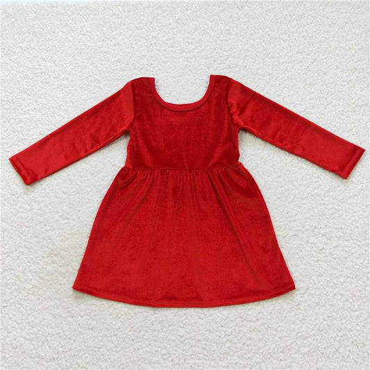 7.5 RTS NO MOQ Baby Girls Long Sleeve GLD0335 Red Long Sleeve Velvet Knee Length Dresses