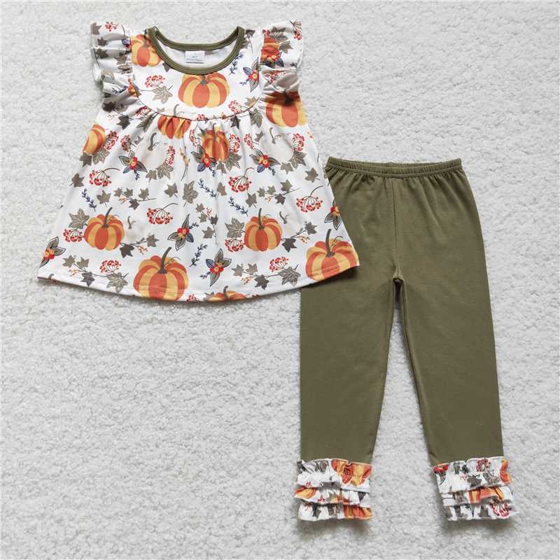 GSPO0837 Baby Girls Pumpkin Flutter Tunic Top Legging Clothes Sets