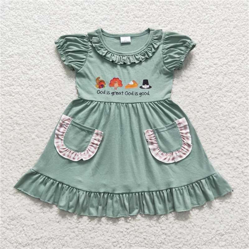 8.2 RTS NO MOQ Summer Baby Girls Dresses GSD0481 Green Thanksgiving Fall Turkey Knee Length Pockets Dresses