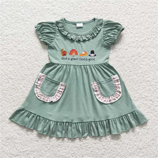 8.2 RTS NO MOQ Summer Baby Girls Dresses GSD0481 Green Thanksgiving Fall Turkey Knee Length Pockets Dresses