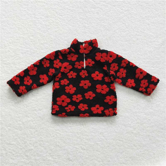 6.24 RTS NO MOQ Baby Girls Long Sleeve GT0271 Black Red Flowers Thick Pullovers Tops