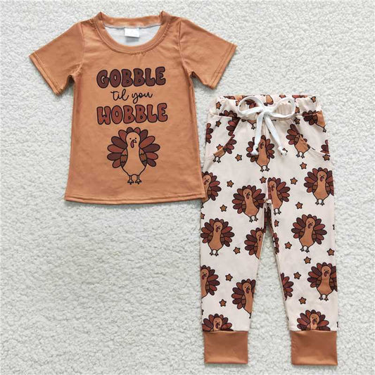 7.3 RTS NO MOQ Baby Boys Summer Sets BSPO0119 Gobble Turkey Thanksgiving Pants Clothes Sets