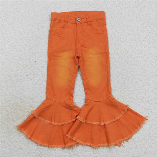RTS NO MOQ Baby Girls Pants P0322 Orange Blached Double Ruffle Denim Jeans Pants