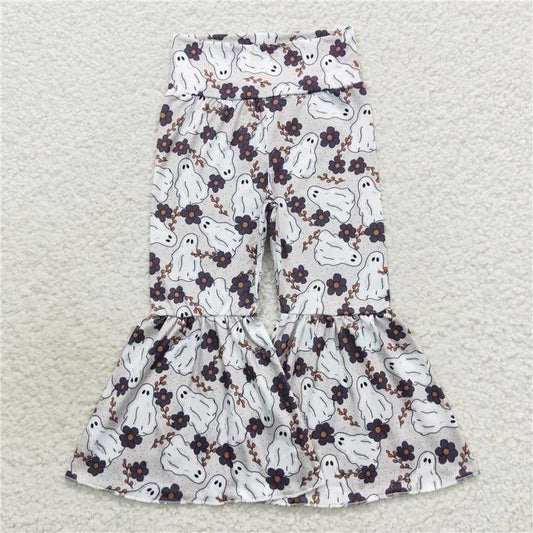 7.18 RTS NO MOQ Baby Girls Long Pants P0257 Grey Halloween Ghost Bell Pants