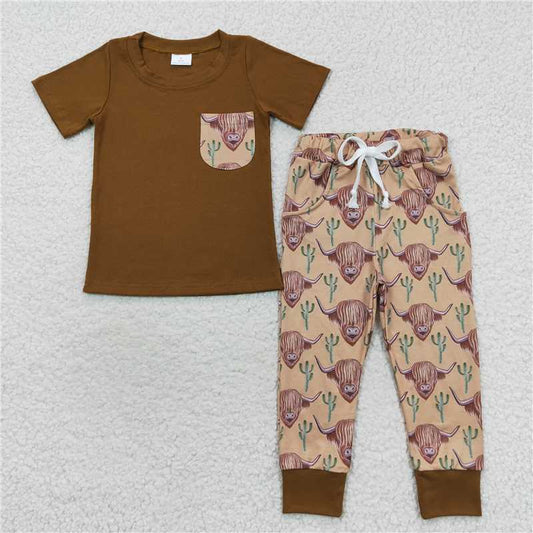 7.3 RTS NO MOQ Baby Boys Summer Sets BSPO0158 Cow Cactus Pocket Top Pants Clothes Sets