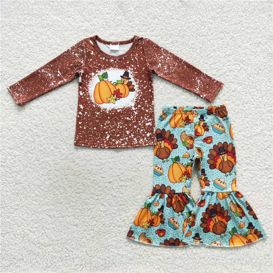 5.26 RTS NO MOQ Baby Girls Long Sleeve Outfits GLP0683 Thanksgiving Turkey Pie Bell Pants Pajamas Clothing Sets