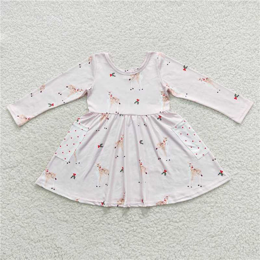 7.5 RTS NO MOQ Baby Girls Long Sleeve GLD0368 Pink Christmas Deer Long Sleeve Dresses