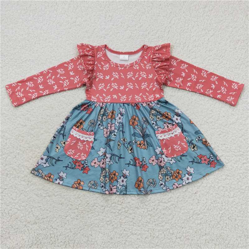 7.5 RTS NO MOQ Baby Girls Long Sleeve GLD0338 Orange Floral Long Sleeve Pocket Twirl Dresses