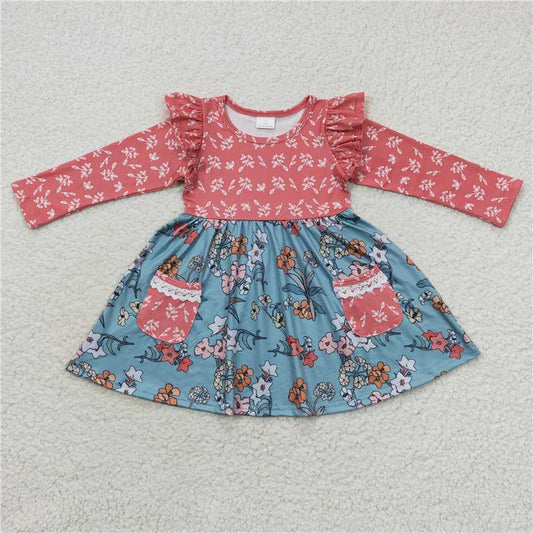 7.5 RTS NO MOQ Baby Girls Long Sleeve GLD0338 Orange Floral Long Sleeve Pocket Twirl Dresses