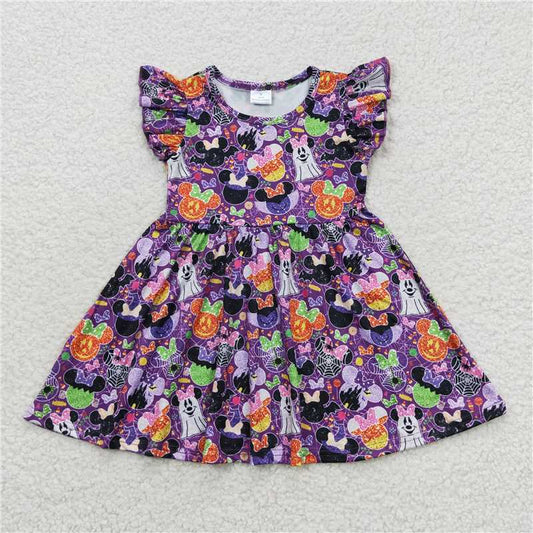 8.2 RTS NO MOQ Summer Baby Girls Dresses GSD0480 Halloween Purple Cartoon Ghost Flutter Sleeve Dresses