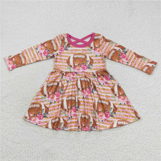 7.5 RTS NO MOQ Baby Girls Long Sleeve GLD0326 Pink Football Flowers Long Sleeve Dresses