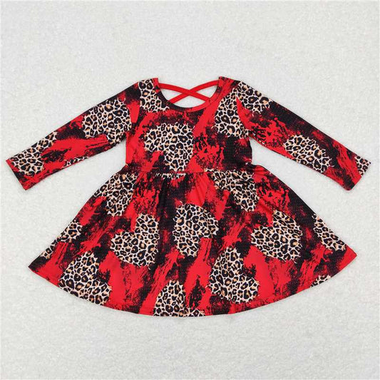 6.13 RTS NO MOQ Baby Girls Long Sleeve GLD0490 Red Leopard Hearts Long Sleeve Valentines Dresses
