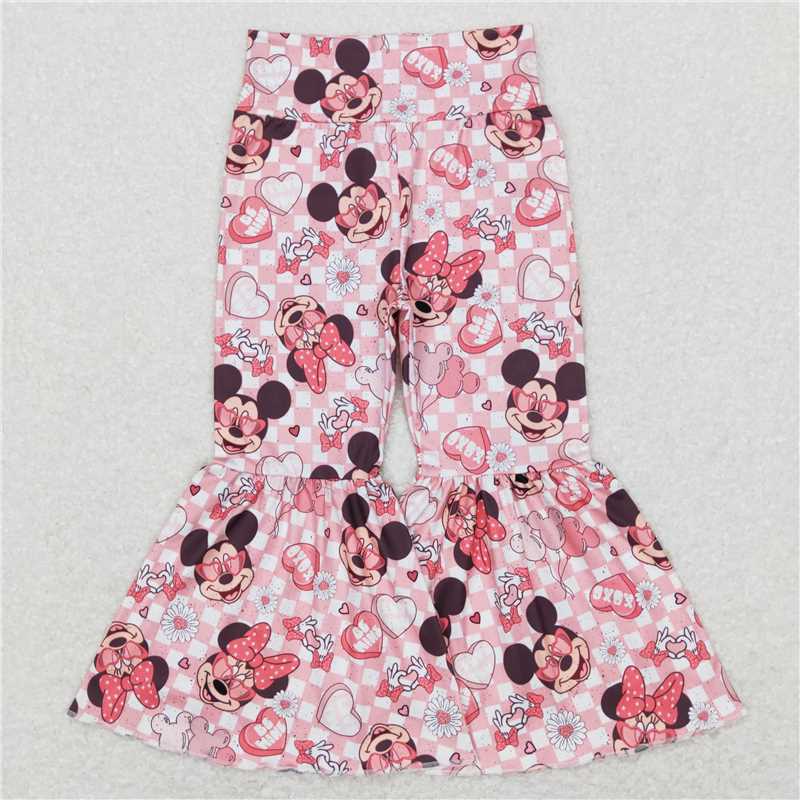 RTS NO MOQ Baby Girls Long Pants P0366 Valentines Mouse Hearts Pink Flare Bell Bottom Pants