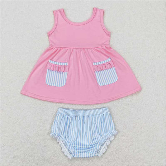 RTS NO MOQ Baby Girls Summer Outifts GBO0226 Pink Pocket Top Bummies Clothes Sets