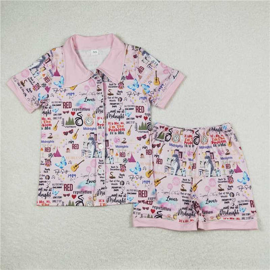 7.4 RTS NO MOQ Adult Women Summer Sets GSSO0923 Pink Short Tee Shorts Pajamas Sets
