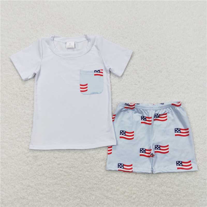 RTS NO MOQ Baby Boys kids Summer Sets BSSO0642 4th Of July Flags Pocket Shirt Shorts Clothes Sets