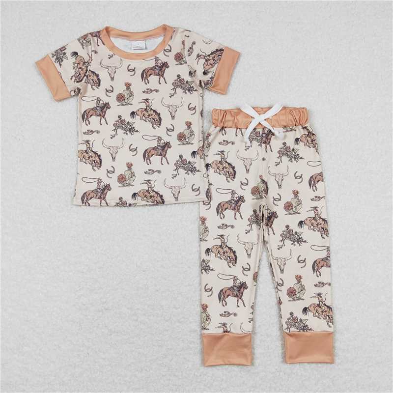 RTS NO MOQ Baby Boys Summer Sets BSPO0344 Rodeo Cow Skull Tee Shirt Pants Pajamas Clothes Sets