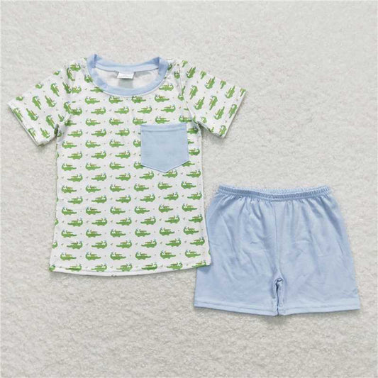RTS NO MOQ Baby Boys kids Summer Sets BSSO0556 Crocodile white short-sleeved blue shorts suit