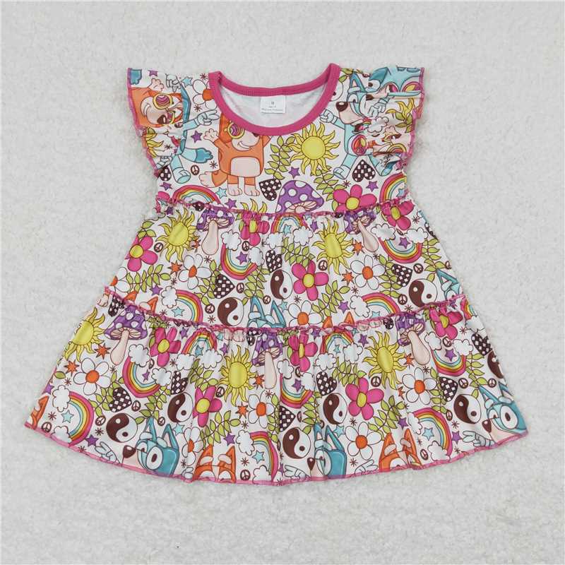 RTS NO MOQ Summer Baby Girls Short Sleeve GT0477 Pink Flutter Sleeve Sun Rainbow Dog Tunic Tops