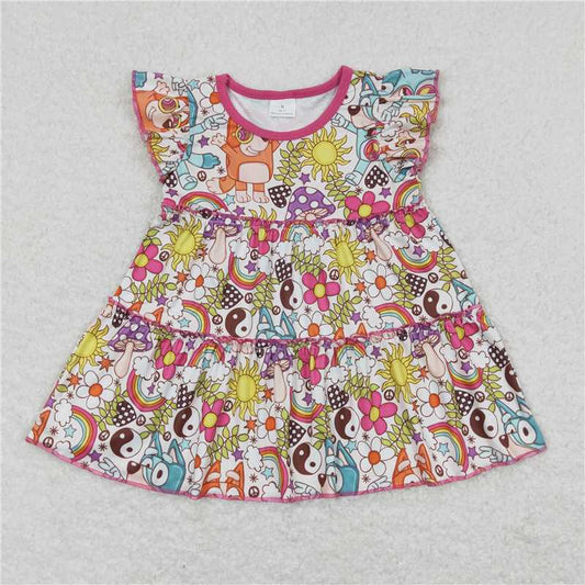 RTS NO MOQ Summer Baby Girls Short Sleeve GT0477 Pink Flutter Sleeve Sun Rainbow Dog Tunic Tops