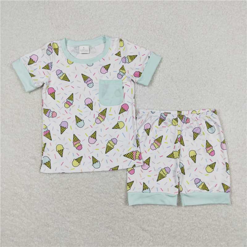 RTS NO MOQ Baby Boys kids Summer Sets BSSO0622 Ice Cream Teal Pocket White Short Sleeve Shorts Pajamas Sets
