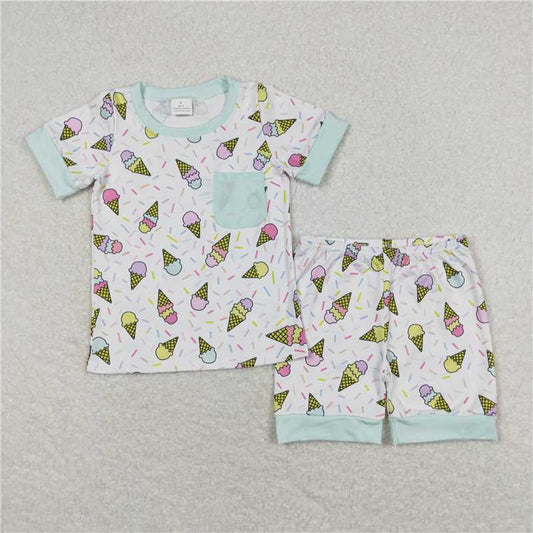 RTS NO MOQ Baby Boys kids Summer Sets BSSO0622 Ice Cream Teal Pocket White Short Sleeve Shorts Pajamas Sets