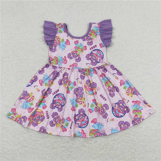 7.31 RTS NO MOQ Summer Baby Girls Dresses GSD0809 Purple Big Eye Flutter Sleeve Twirl Dresses