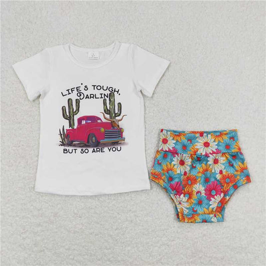 RTS NO MOQ Baby Girls Summer Outifts GBO0306 Cactus Car Shirt Top Flowers Bummies Clothes Sets