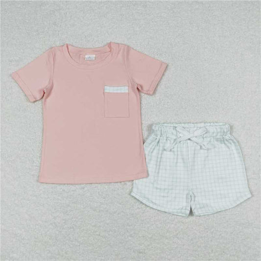 RTS NO MOQ Baby Boys kids Summer Sets BSSO0698 Pocket Pink Short Sleeve Plaid Shorts Set