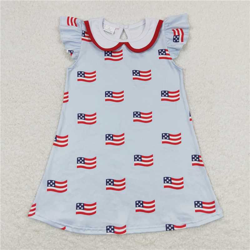 7.31 RTS NO MOQ Summer Baby Girls Dresses GSD0871 4th Of July Flags Flutter Sleeve Knee Length Dresses