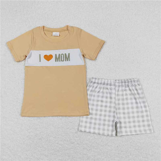 RTS NO MOQ Baby Boys kids Summer Sets BSSO0646  I Love Mom Shirt Checkered Shorts Clothes Sets
