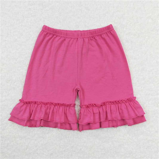 6.20 RTS NO MOQ Baby Girls Summer Pants SS0281 Hot Pink Double Ruffles Cotton Shorts