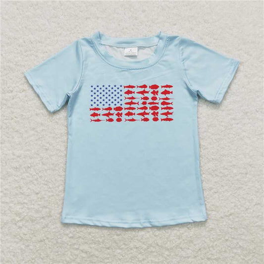 5.21  RTS NO MOQ Summer Baby Boys Shirt BT0614 Blue Fishing Stars 4th of July Short Sleeve Tee Shirts Tops