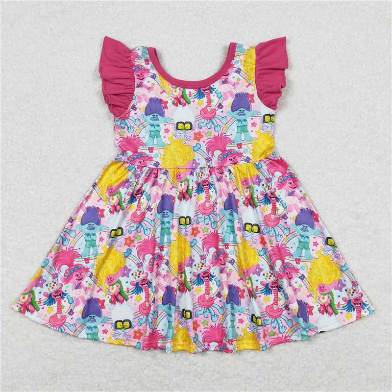 7.31 RTS NO MOQ Summer Baby Girls Dresses GSD0943 Long Hair Monster Flutter Sleeve Knee Length Dresses