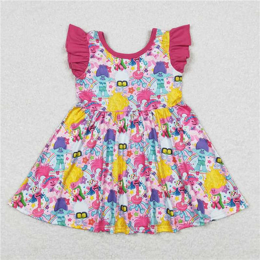 7.31 RTS NO MOQ Summer Baby Girls Dresses GSD0943 Long Hair Monster Flutter Sleeve Knee Length Dresses