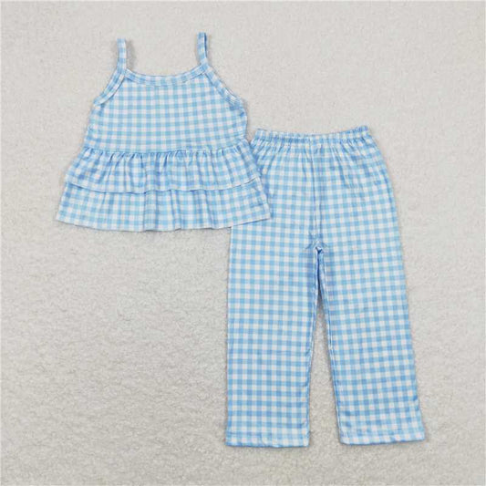 7.2 RTS NO MOQ Baby Girls Summer Kids Sets GSPO1378 Blue Checkered Tunic Top Legging Pants Clothes Sets