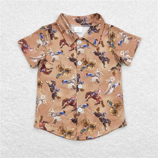5.21  RTS NO MOQ Summer Baby Boys Shirt BT0525 Western Rodeo Brown Buttons Short Sleeve Tee Shirts Tops