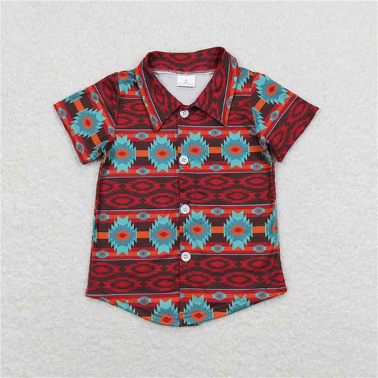 5.21  RTS NO MOQ Summer Baby Boys Shirt BT0582 Western Wine Turquoise Aztec Short Sleeve Buttons Tee Shirts Tops