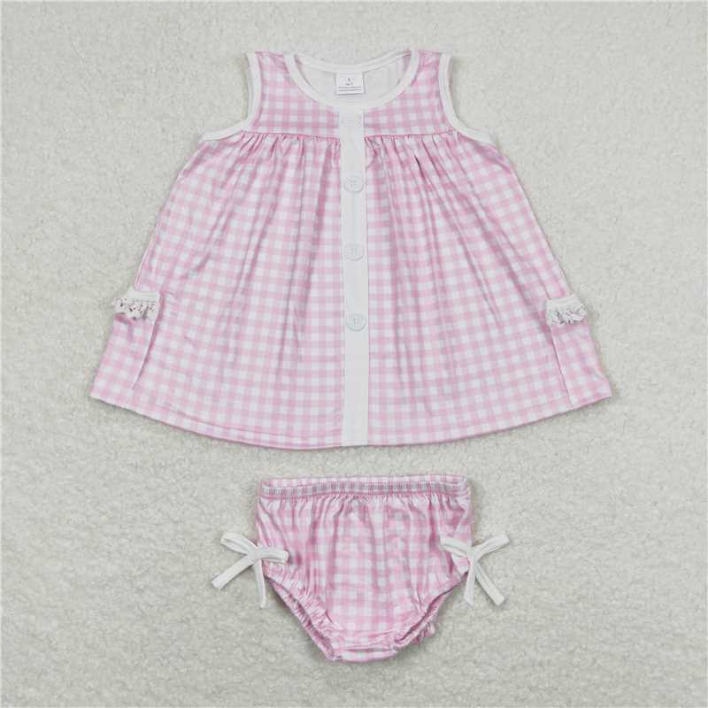 RTS NO MOQ Baby Girls Summer Outifts GBO0263 Pink Checkered Tunic Top Bummies Clothes Sets