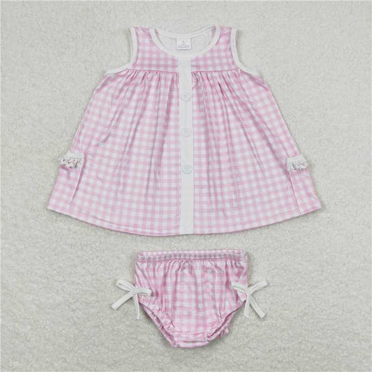 RTS NO MOQ Baby Girls Summer Outifts GBO0263 Pink Checkered Tunic Top Bummies Clothes Sets