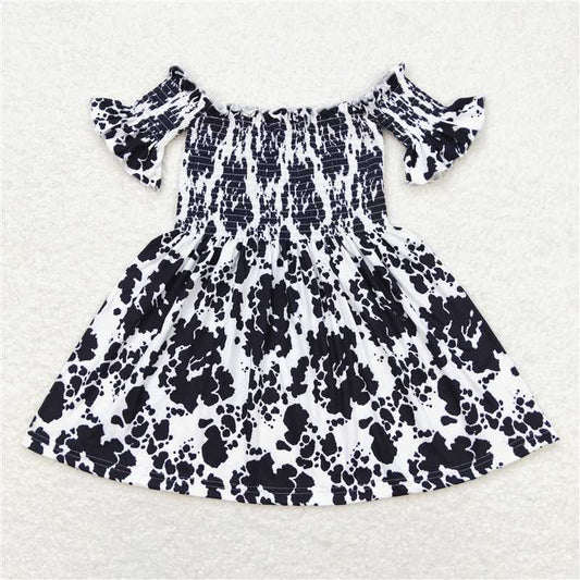 7.30 RTS NO MOQ Summer Baby Girls Dresses GSD0960 Cow Print Elastic Short Sleeve Knee Length Dresses