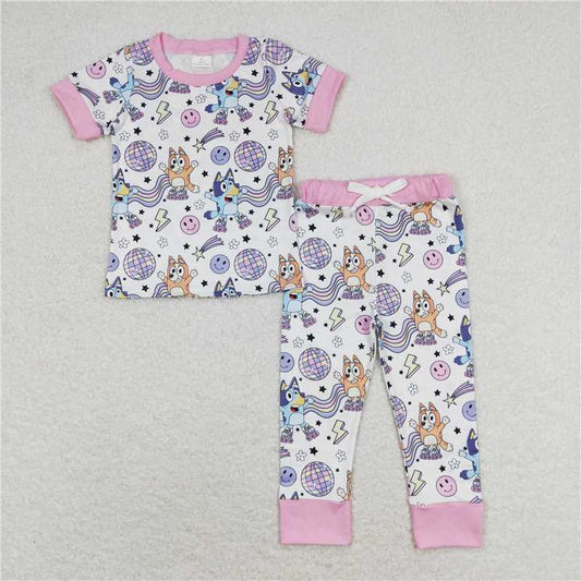 RTS NO MOQ Baby Girls Summer Kids Sets GSPO1508 Dogs Pink Shirt Pants Pajamas Clothes Sets