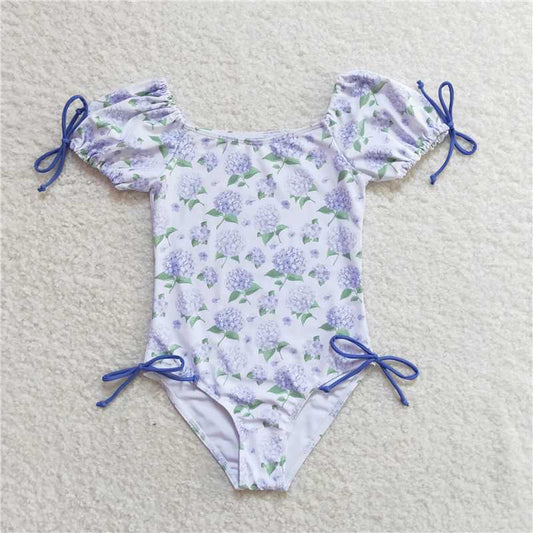 S0329 Baby Girls Summer Lavender Flowers Branches One Piece Swimsuits