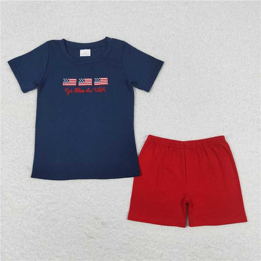 RTS NO MOQ Baby Boys kids Summer Sets BSSO0713 Embroidered national flag navy blue short-sleeved red shorts suit
