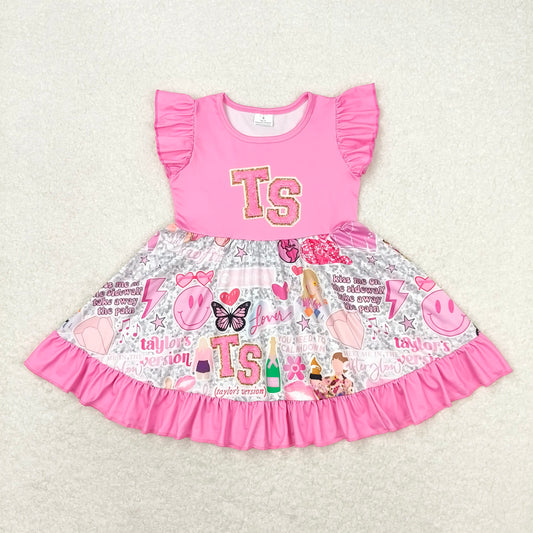 7.30 RTS NO MOQ Summer Baby Girls Dresses GSD0932 Pink TS Singer Flutter Sleeve Knee Length Dresses