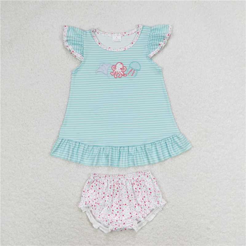 RTS NO MOQ Baby Girls Summer Outifts GBO0316 Octopus Blue Stripes Tunic Top Bummies Clothes Sets