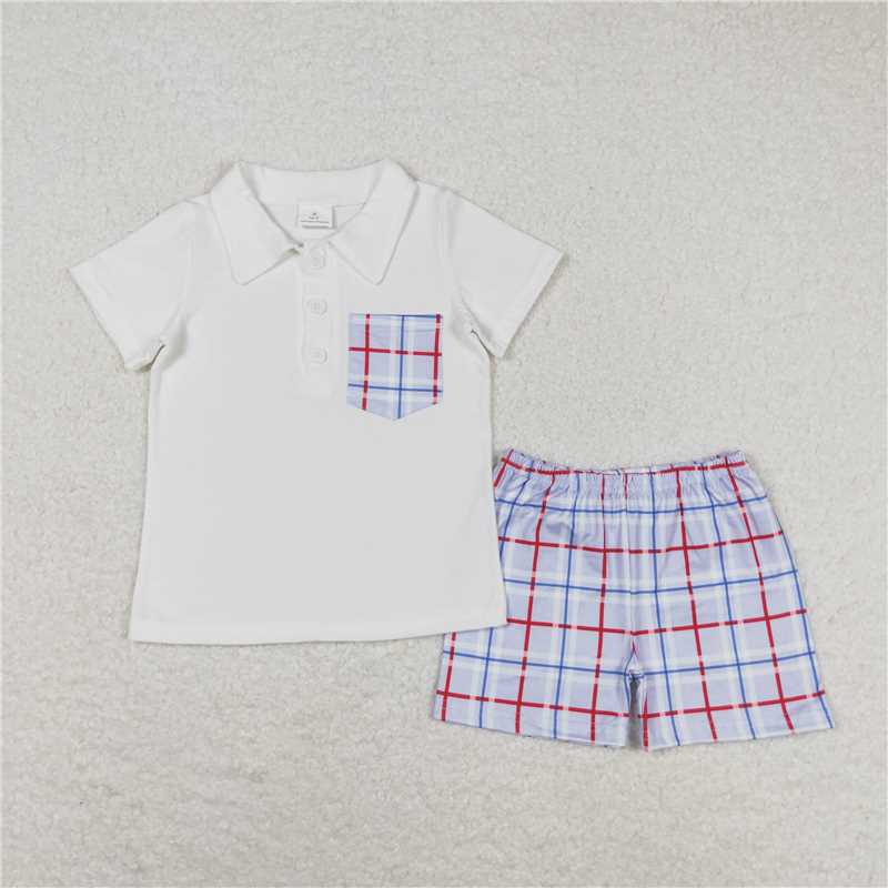 RTS NO MOQ Baby Boys kids Summer Sets BSSO0651 Blue plaid pocket white short-sleeved shorts suit