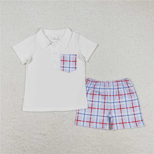 RTS NO MOQ Baby Boys kids Summer Sets BSSO0651 Blue plaid pocket white short-sleeved shorts suit