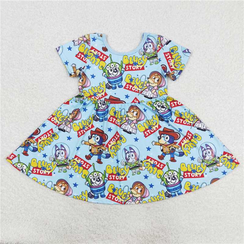 7.22 RTS NO MOQ Summer Baby Girls Dresses GSD1266 Dogs Blue Short Sleeve Knee Length Dresses