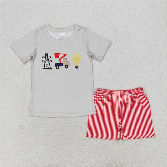 RTS NO MOQ Baby Boys kids Summer Sets BSSO0632 Grid Light Bulb Short Sleeve Red Striped Shorts Suit